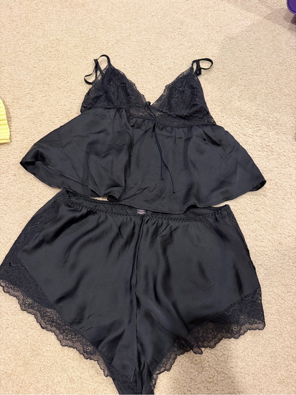 Victoria's Secret Black Satin Lace Cami & Shorts Sleep Set